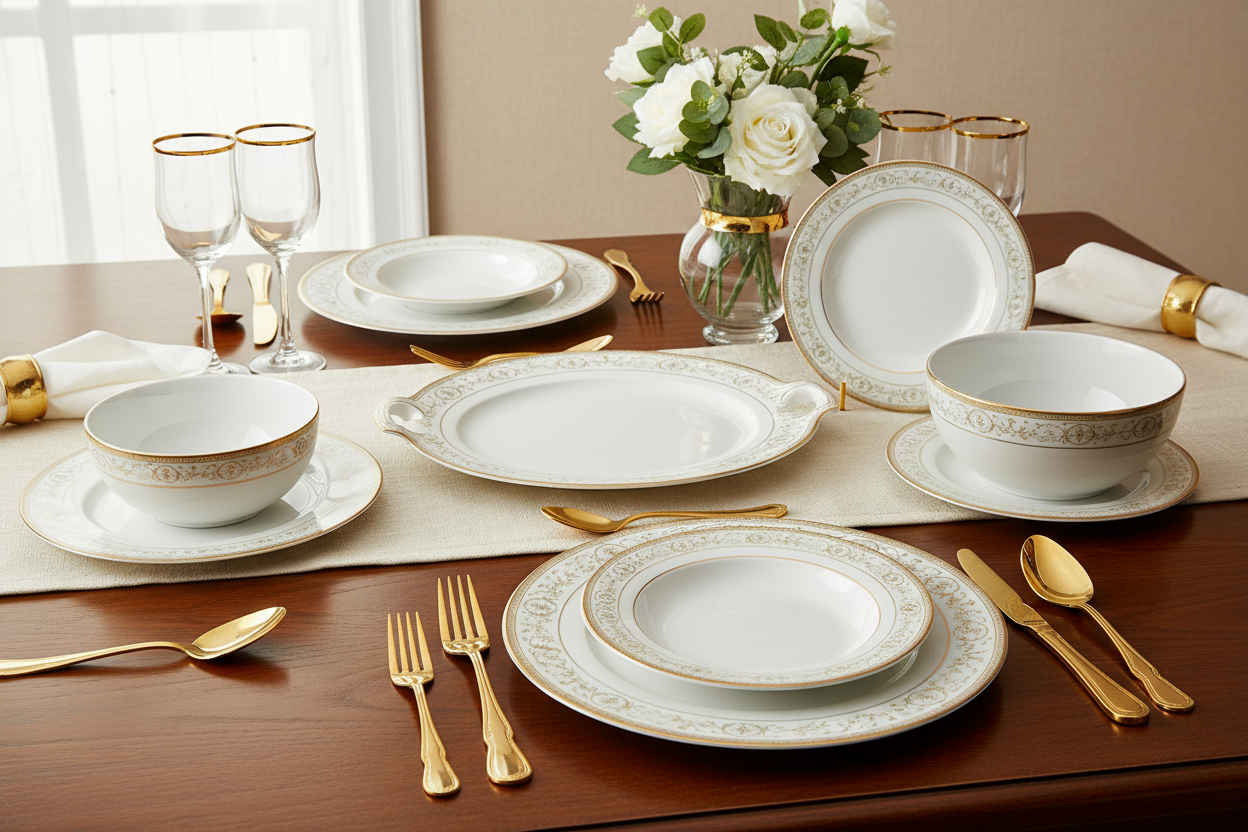 elegant white and golden dinner set